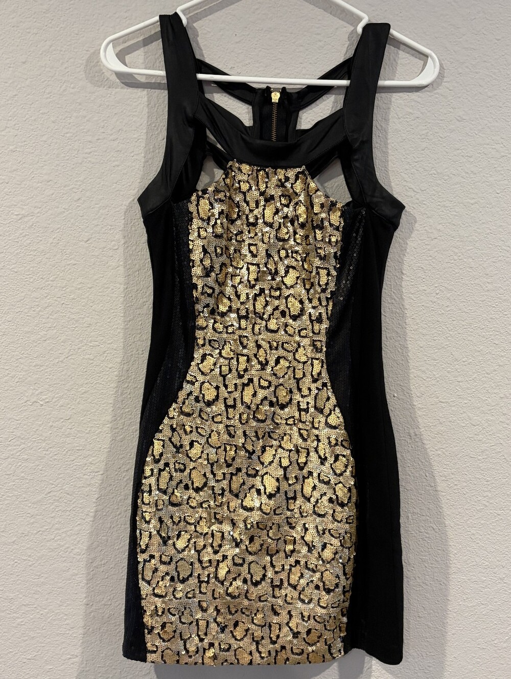 Bebe Addiction Y2K Black Gold Sequin Cheetah Print Cut Out Bodycon Mini Dress XS